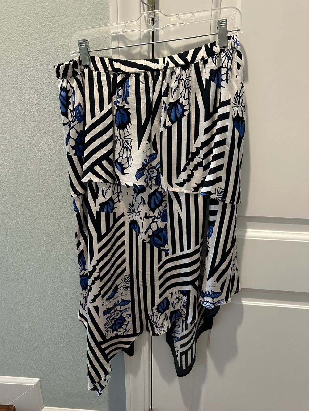 Anthropologie Maeve Black & White Striped High-Low Skirt w/ Blue Floral Accents